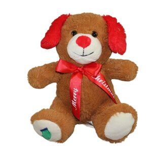 Kellytoy Merry Christmas Plush Dog Plush Stuffed Animal Toy Stocking Brown Red